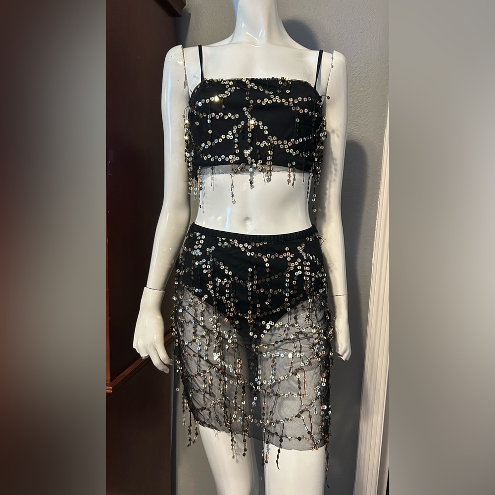Black Sequin Fringe Mesh Skirt - Elegant Evening Wear